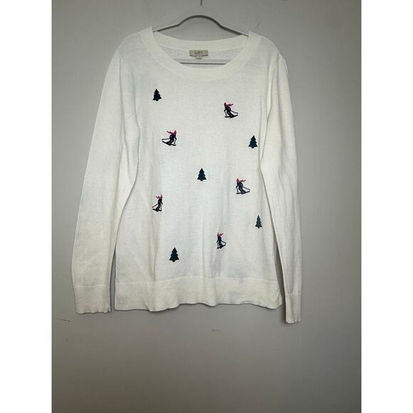 LOFT White Sweater with Skiers and Trees Graphic Winter Pullover Size L - Picture 1 of 8